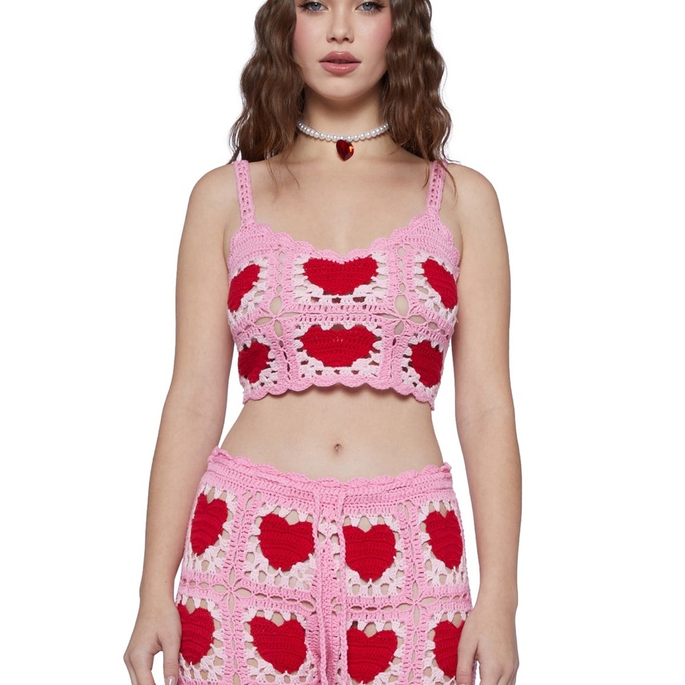 Sugar Thrillz Pink Heartfelt Kisses Crochet Tank  with Red Heart Motifs